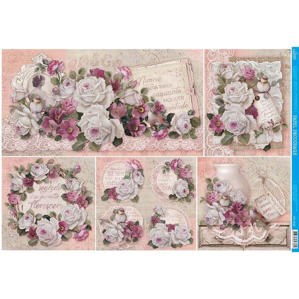 Imagem de Papel para Decoupage Litoarte 49 x 34,3 cm - Modelo PD-1039 Flores e Frases