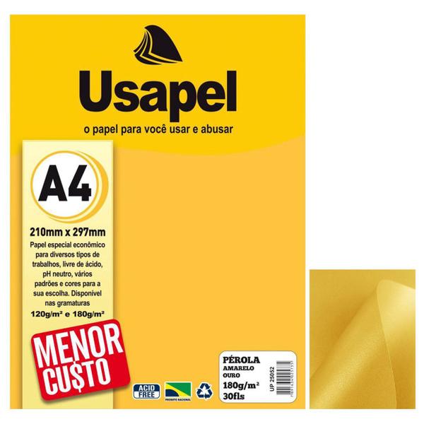 Imagem de Papel Pérola A4 Gramatura 180g pacote 30 folhas Cor Amarelo Ouro Ideal para Convites Certificados Envelopes Embalagens