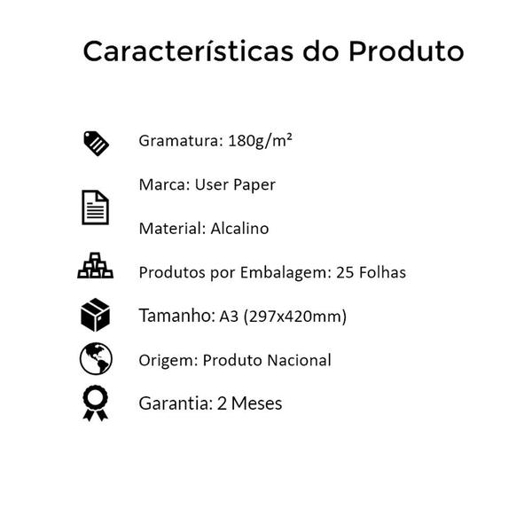 Imagem de Papel Sulfite A3 180g/m² para impressão 60kg Branco 25 fls