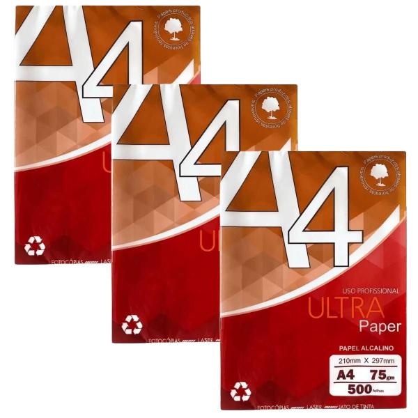 Imagem de Papel sulfite branco A4 75g 210mm x 297mm Ultra Paper kit com 1500 folhas, ideal para fotocópias, laser e jato de tinta.