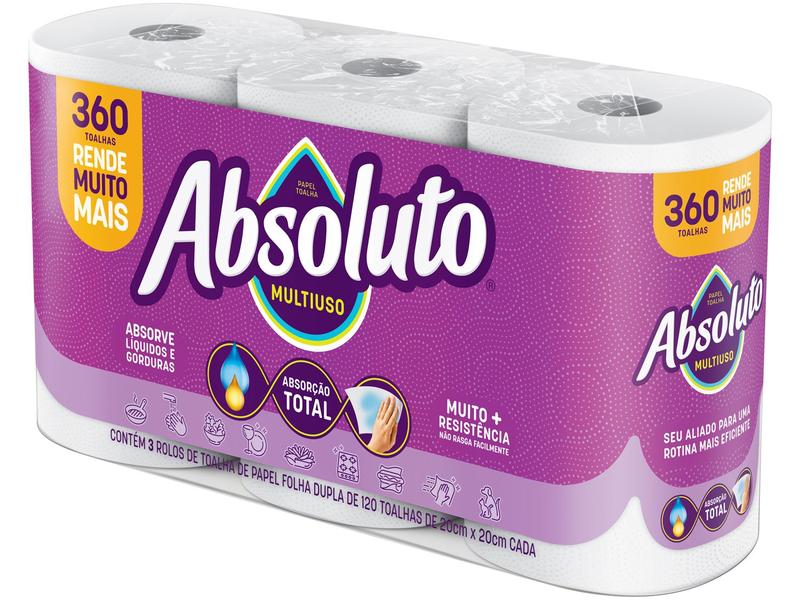 Imagem de Papel Toalha Folha Dupla Bracell Absoluto 3 Rolos 360 Folhas