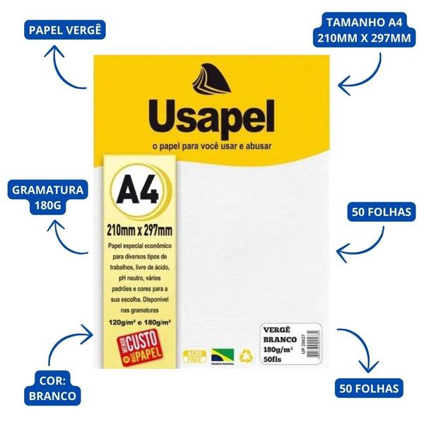 Imagem de Papel Vergê Branco A4 180g com 50 folhas - Usapel