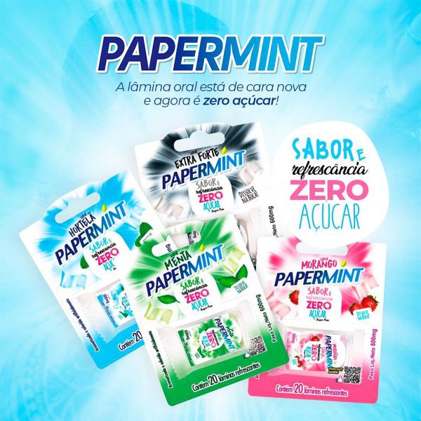 Imagem de Papermint Lamina Refrescante Zero Açucar 20 Unid Oral Beijável Extra Forte Morango Menta Hortelã