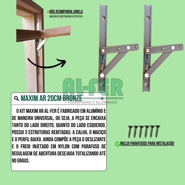 Imagem de Par de Braço para Janela Maxim Ar de 20cm Bronze + Fecho Alavanca