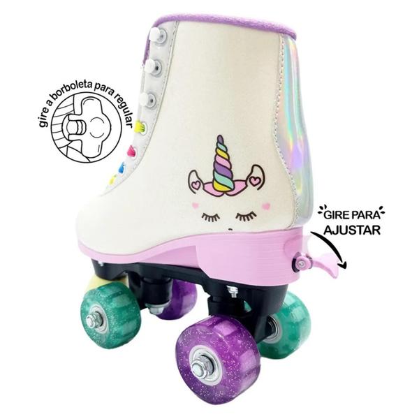 Imagem de Par de Patins com Luz 4 Rodas Ajustáveis Tamanho 31 a 34 Azul Unicórnio Brinquedos Suporta até 70Kg - RL-08