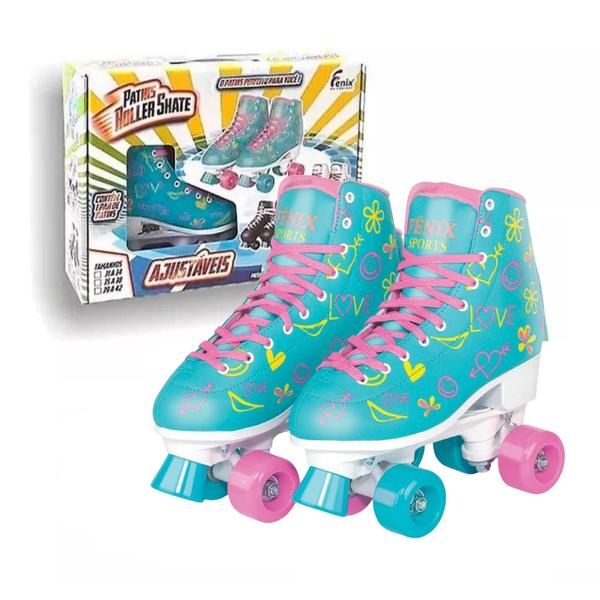 Imagem de Par de Patins Radkal 4 Rodas Ajustaveis Tamanho Azul Fenix Brinquedos Suporta até 70Kg - RL-07A