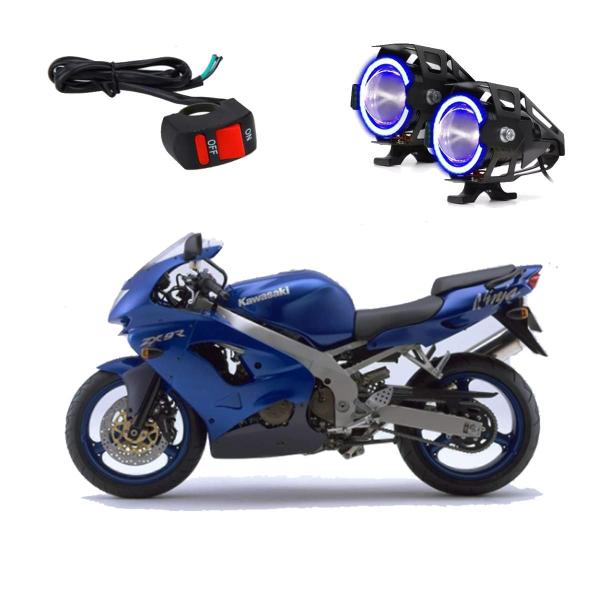 Imagem de Par Farol de Milha Angel Eye U7 Azul para Moto Kawasaki NINJA ZX 9R 900CC 1994 1995 1996 1997 1998 1999 2000 até 2003