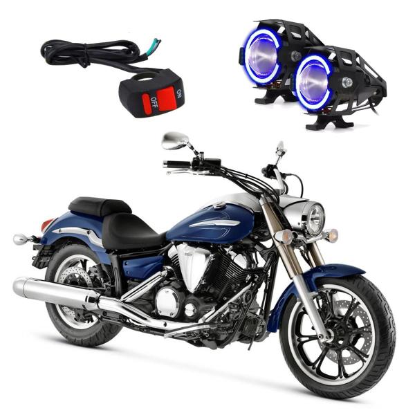 Imagem de Par Farol de Milha Angel Eye U7 Azul para Moto Yamaha XVS 950 Midnight Star 2009 2010 2011 2012 2013