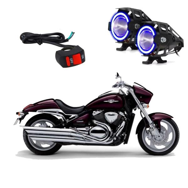 Imagem de Par Farol de Milha Angel Eye U7 Mini Azul para Moto Suzuki Boulevard 1500 2009 2010 2011 2012 2013 2014 2015 ate 2022