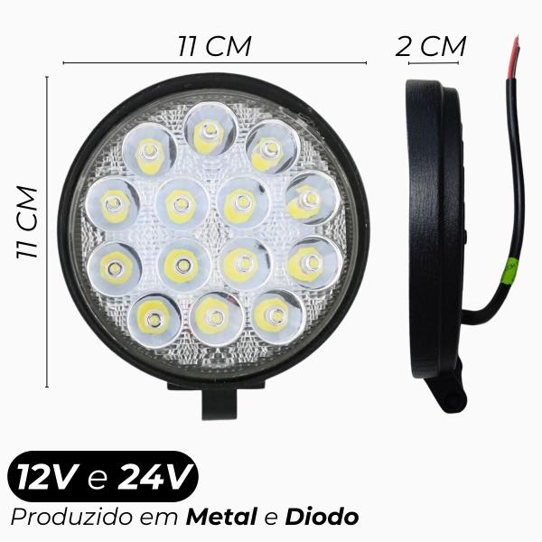 Imagem de Par Farol Milha Led 14 Led 42W Redondo 11 43 Cm 12V/24V 6000K Ip67 Base Extra Fina 10-30V Dc Material Casca Liga Aluminio+Pmma Material Parafuso Supor