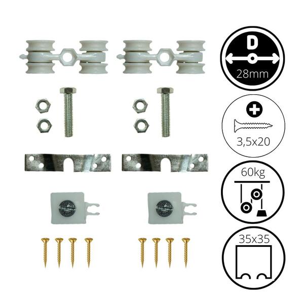 Imagem de Par Roldanas 28mm p/ Trilho Porta Correr Alumínio Padrão 35x35 - RDA-4