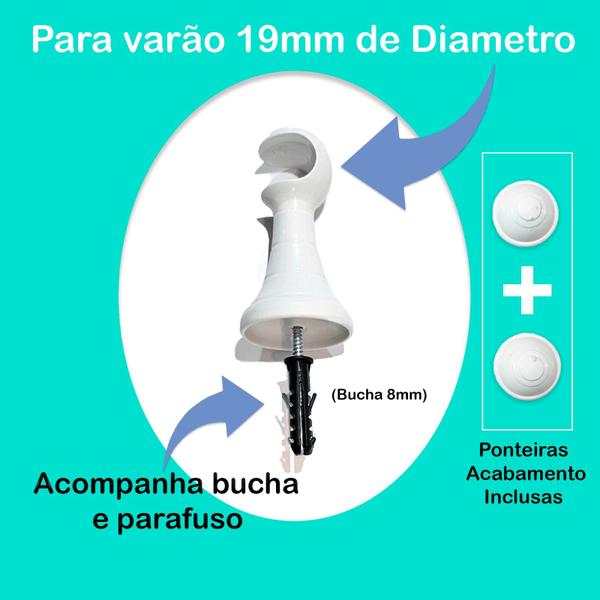 Imagem de Par Suporte Gancho para Varão Varal de cortina 19mm Kit Completo + parafusos