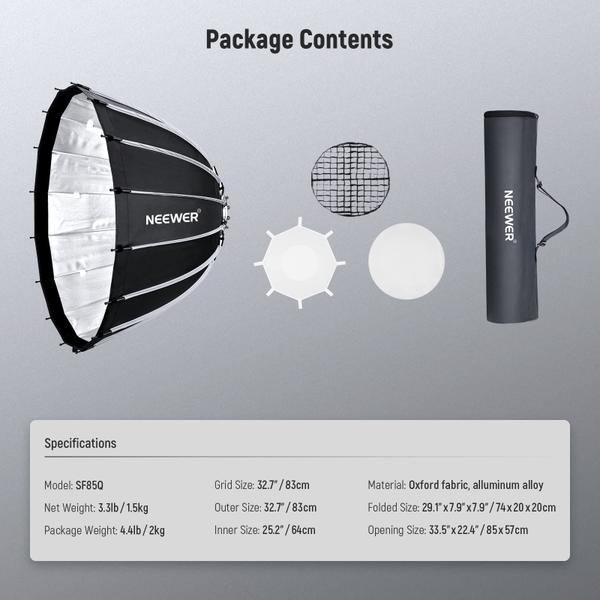 Parabolic Softbox Neewer SF85Q 85 cm com difusores para montagem Bowens Imagem de Parabolic Softbox Neewer SF85Q 85 cm com difusores para montagem Bowens