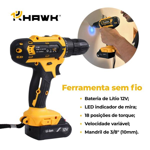 Imagem de Parafusadeira e Furadeira a Bateria 12V com Maleta 20 Peças Hawk