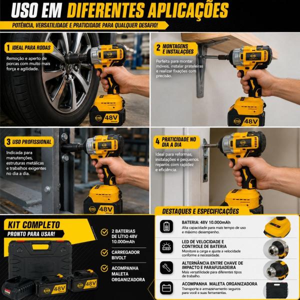 Parafusadeira e Furadeira Bateria Brusheless 48V Chave de Impacto