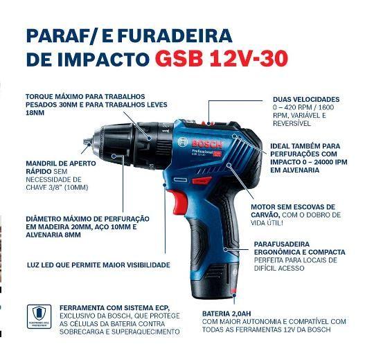 Imagem de Parafusadeira Fura Concreto Gsb 12v-30 Brushless 2 Baterias 