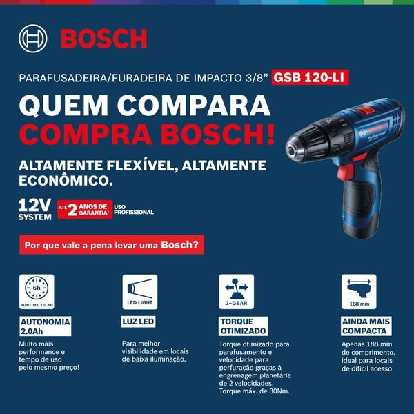 Imagem de Parafusadeira Furadeira 12V Impacto GSB 120-LI 2 Baterias Bivolt + Kit X-line 34 Peças BOSCH