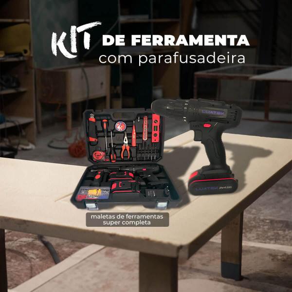 Imagem de Parafusadeira Furadeira 21V sem Fio Incluso 2 Baterias Recarregáveis Kit Completo