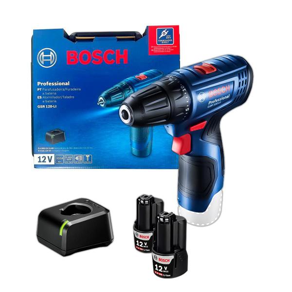 Parafusadeira Furadeira GSR 120 LI Bosch Até 1500RPM 12V Com Bateria 2AH Íons De Lítio 2 Velocidades Compacta Mandril 10mm Com Maleta e Carregador