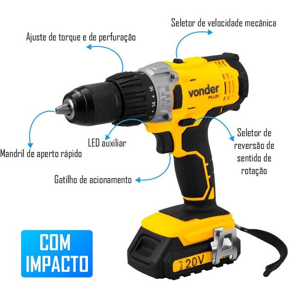 Imagem de Parafusadeira Furadeira Impacto Bateria 20V PFV 200I 5 Peças Vonder