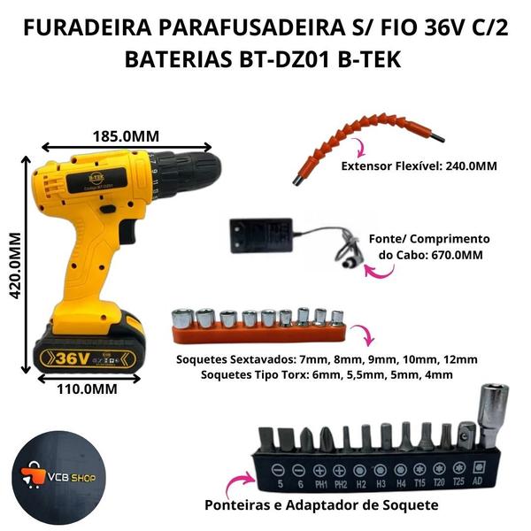 Imagem de Parafusadeira furadeira s/ fio 36v c/2 baterias recarregável e luz led bt-dz01