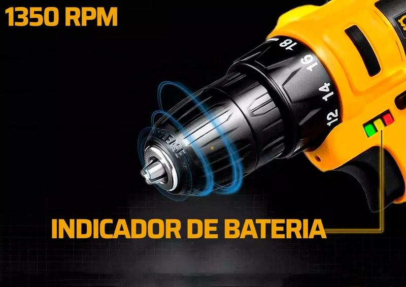 Imagem de Parafusadeira Furadeira Sem Fio Bateria 12v Para Madeira Metal Cor Amarelo e Preto Frequência 60 110V/220V