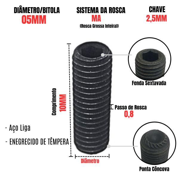 Imagem de Parafuso Allen Sem Cabeça M5 X 10mm Rosca Grossa MA 100 Un