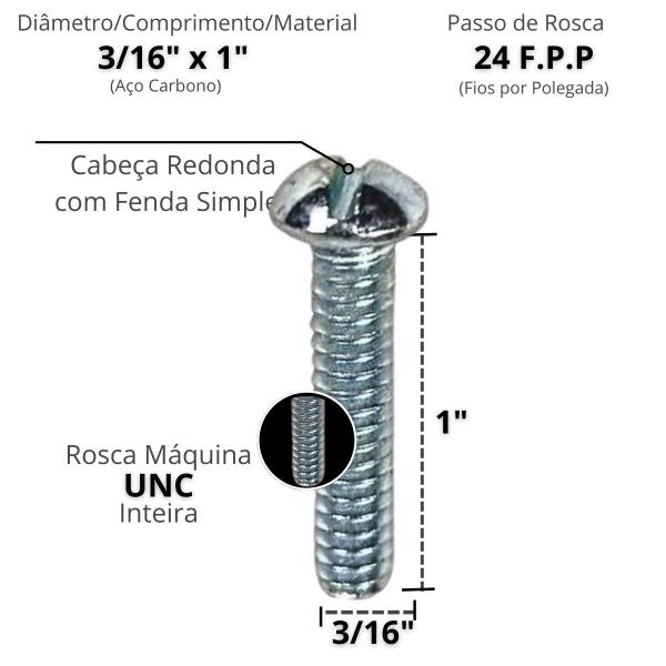 Imagem de Parafuso Maquina Cabeça Redonda Fenda 3/16 X 1 Pol RI 50 Un