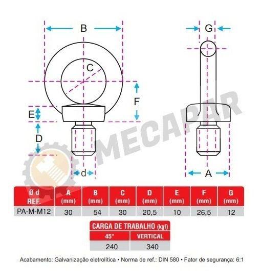 Imagem de Parafuso Olhal Macho Suspensão M12x1,75 Ancoragem Içamento