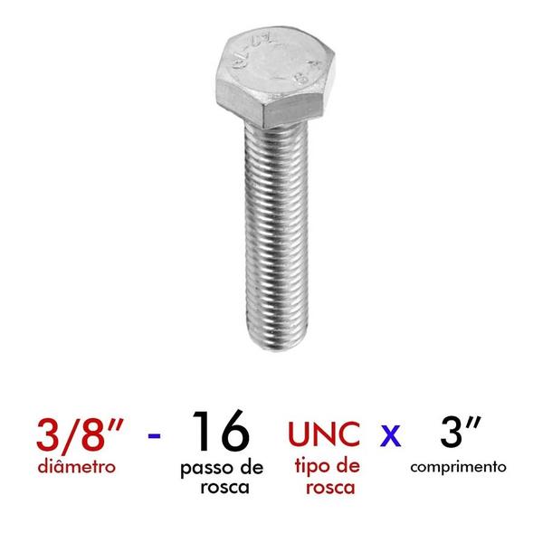 Imagem de Parafuso Sextavado Rosca Inteira 3/8 X 3 - 50 Peças