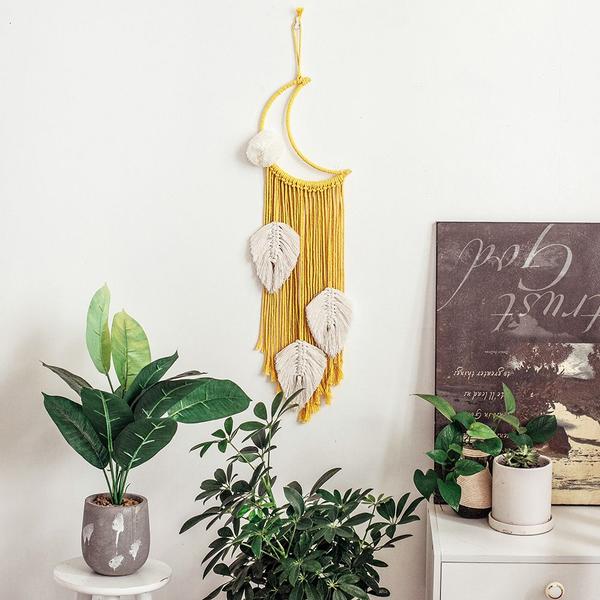 Imagem de Parede de Macrame da Lua Amarela Pendurada Macrame Apanhadores de sonhos Boho Decor deixa a parede da tapeçaria Baby Kids Room Decoração presente de casamento Tapeçarias Decorativas