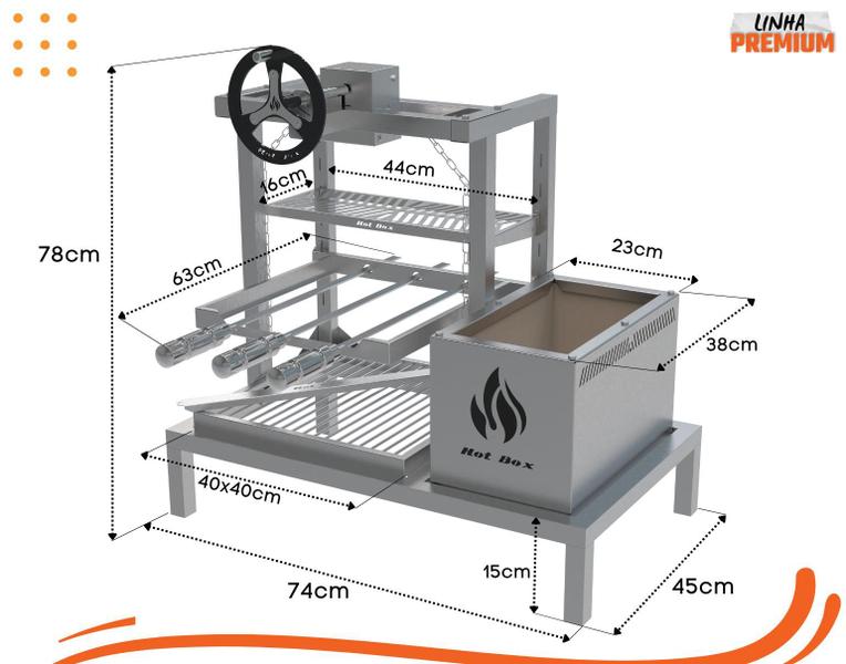 Imagem de Parrilla para Churrasqueira de Alvenaria com Elevação - Linha Premium Hotbox, Grelha Uruguaia + Espetos Inox 74x45cm