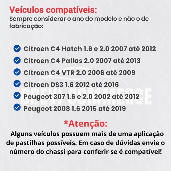 Imagem de Pastilha De Freio Dianteiro Traseiro Peugeot 2008 1.6 2015 2016 2017 2018 2019