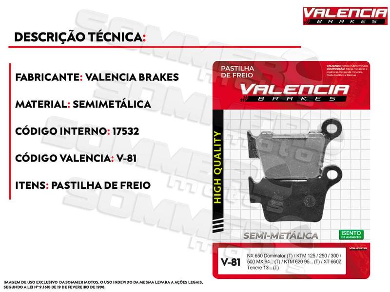 Imagem de Pastilha de Freio Traseira KTM  sx 450 sm Factory Replica 2004/... Valencia (V81)