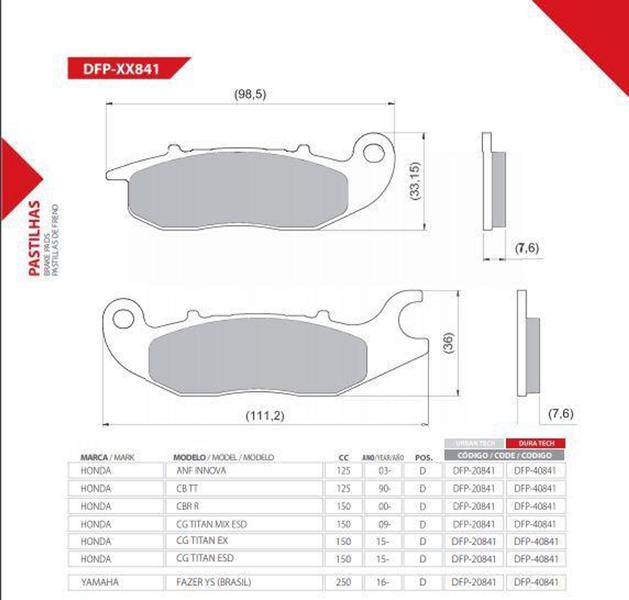 Imagem de Pastilha Freio Dianteira Titan 150 Fan 150 2009 Até 2015 Mix Fazer 250 2016 Acima Diafrag DFP20841