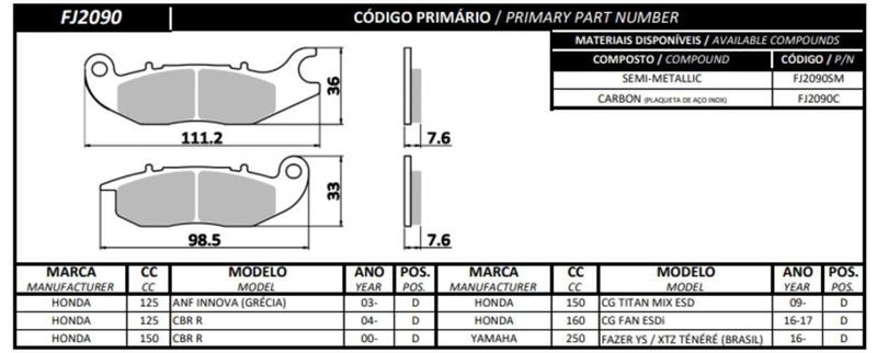 Imagem de Pastilha Freio Dianteira / Traseira Cg150 Titan / Cg160 Fan