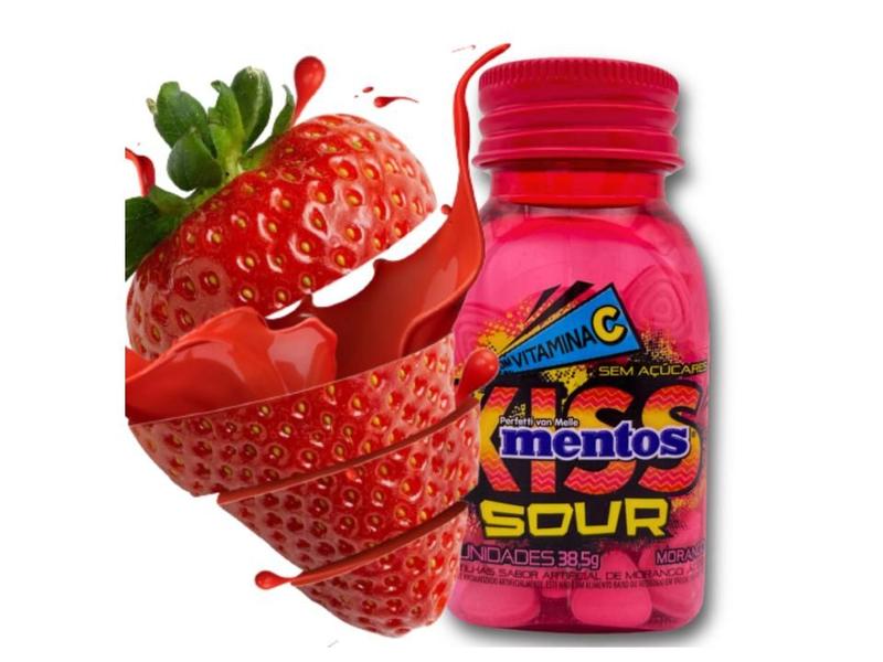 Imagem de Pastilha Mentos Kiss Sour Morango Sem Açúcar Garrafa 38,5g