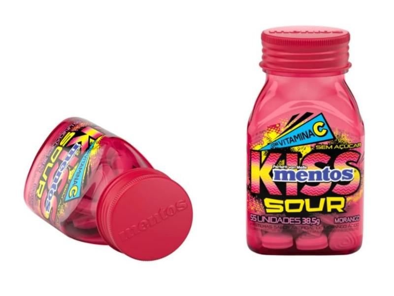 Imagem de Pastilha Mentos Kiss Sour Morango Sem Açúcar Garrafa 38,5g