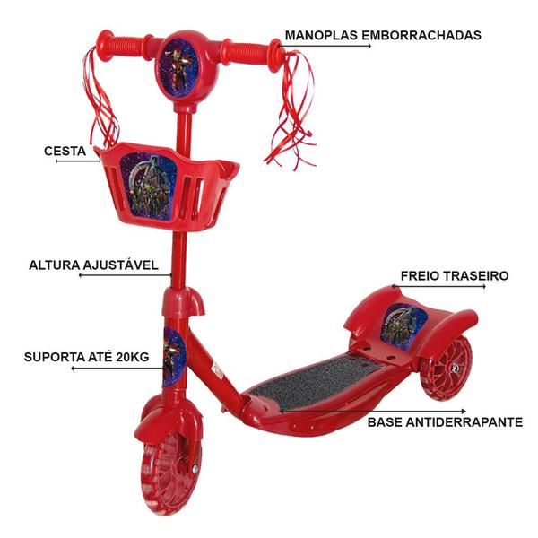 Imagem de Patinete 3 Rodas Infantil Vingadores Divertido Cesta Toys 2U