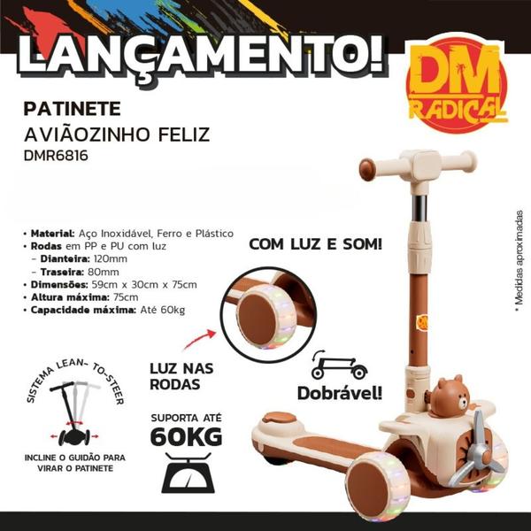 Imagem de Patinete Aviãozinho Feliz Infantil 3 Rodas Dobrável com Luz Led Som DM Toys DMR6816 Bege