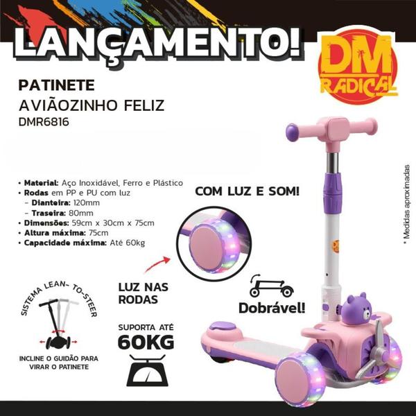 Imagem de Patinete Aviãozinho Feliz Infantil 3 Rodas Dobrável com Luz Led Som DM Toys DMR6816 Rosa