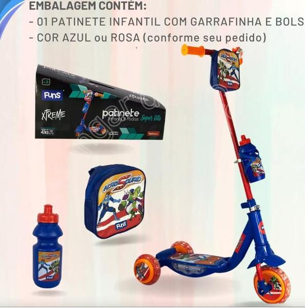 Imagem de Patinete Brinquedo Infantil com Garrafinha e Bolsa com Luzes 3 Rodinhas e Ajuste o Tamanho do Guidão Unissex Azul