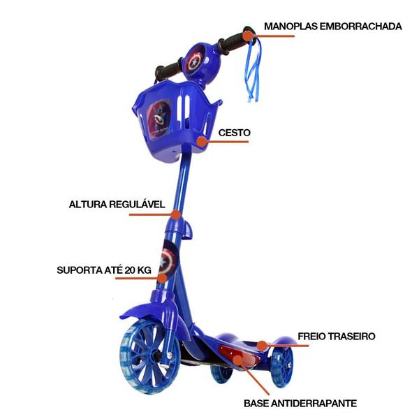 Imagem de Patinete Capitão América 3 Rodas Brinquedo Criança Com Led