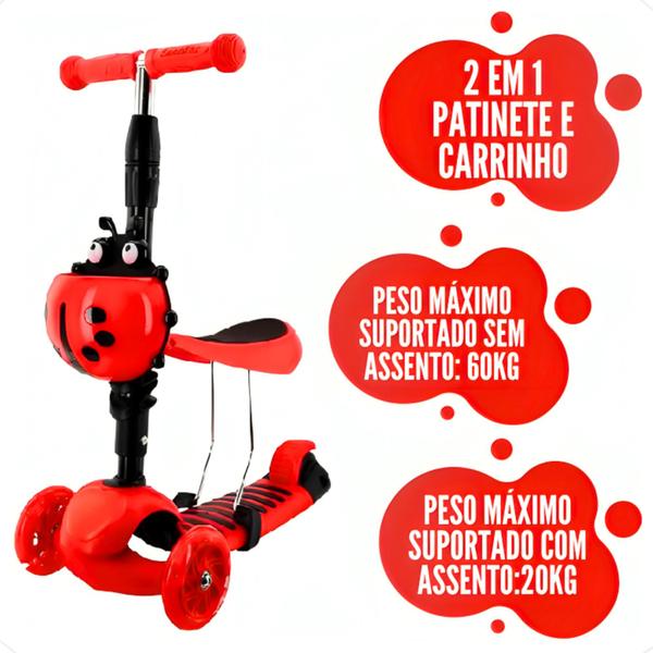 Imagem de Patinete Carrinho Infantil Joaninha 60kg  Cesto Luzes Regulável 2 Em 1