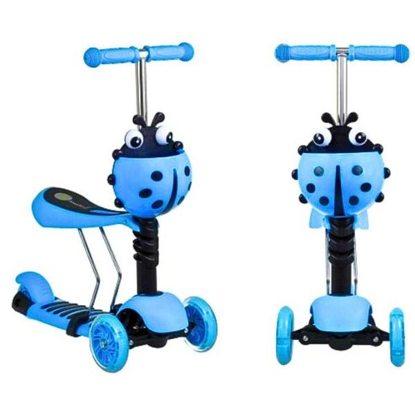 Imagem de Patinete de Criança Infantil Joaninha 60kg Cesto Luzes Rodas 2 Em 1 Com LED Azul