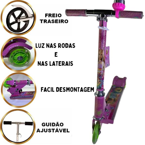 Imagem de Patinete De Ferro 3 Rodas Barbie Com Luz E Kit Proteção