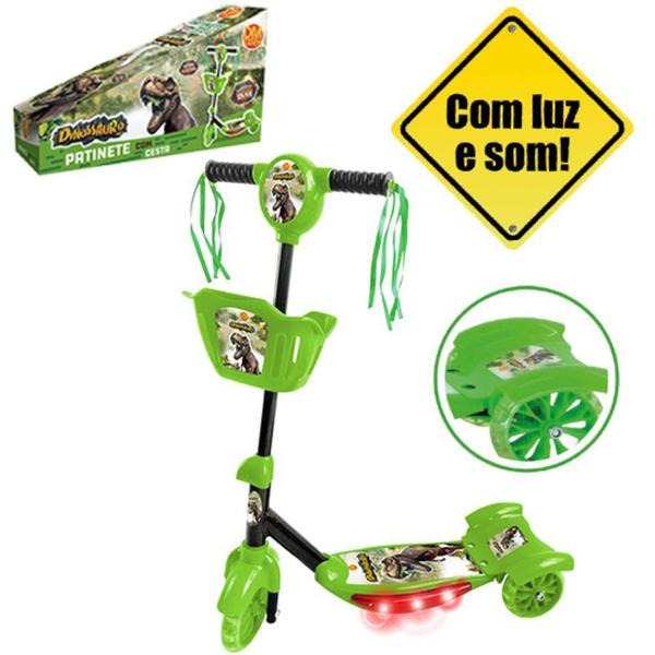 Imagem de Patinete dinossauro com 3 rodas e cestinha + som e luz a pilha 70x61x19cm - DM BRASIL