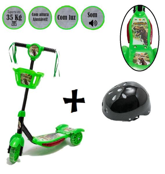 Imagem de Patinete Divertido De Dinossauro Verde E Preto Mais Capacete