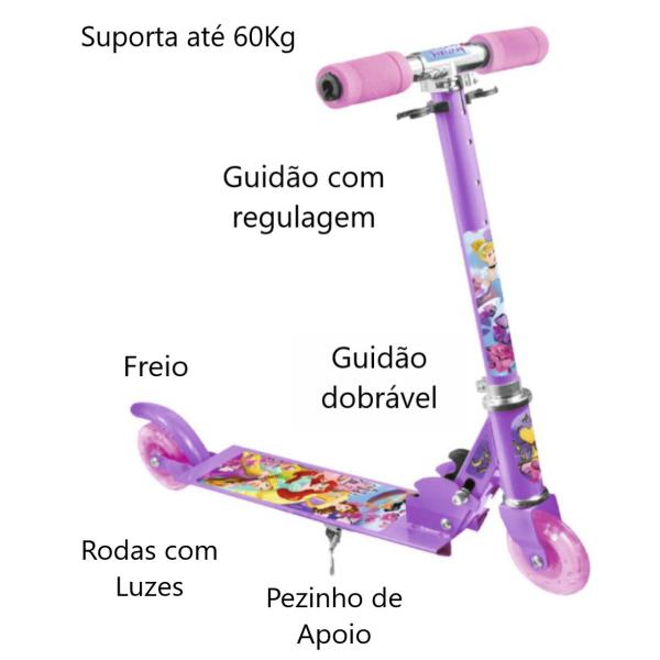 Imagem de Patinete Infantil 2 Rodas C/ Luz Princesas Rapunzel Dobrável