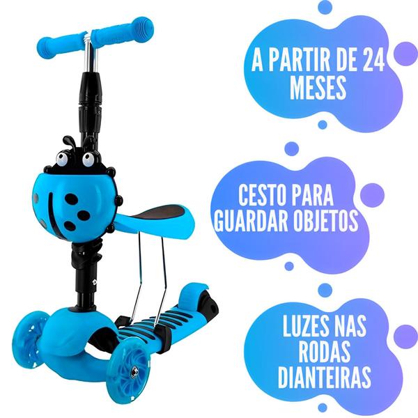 Imagem de Patinete Infantil Criança Joaninha Carrinho Cesto Luzes Ajustável Brinquedo 2 Em 1